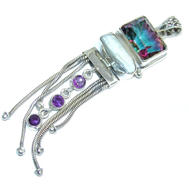 Big! Perfect Rainbow Magic Topaz & Mother Of Pearl & Amethyst Sterling Silver Pendant
