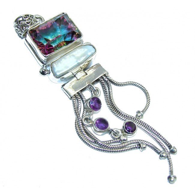 Big! Perfect Rainbow Magic Topaz & Mother Of Pearl & Amethyst Sterling Silver Pendant