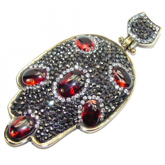 Victorian Style Hamsa Hand Created Red Garnet Sterling Silver Pendant