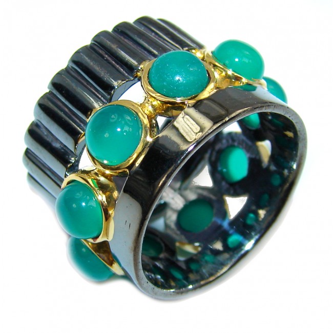 Perfect Green Agate, Gold Plated, Rhodium Plated Sterling Silver Ring s. 6 1/4