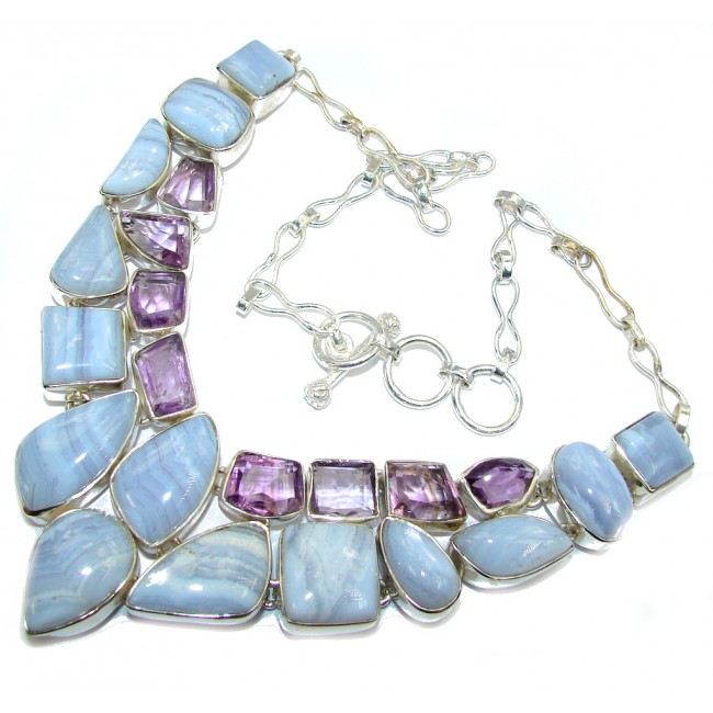Exotic Beauty Blue Lace Agate & Amethyst Sterling Silver necklace