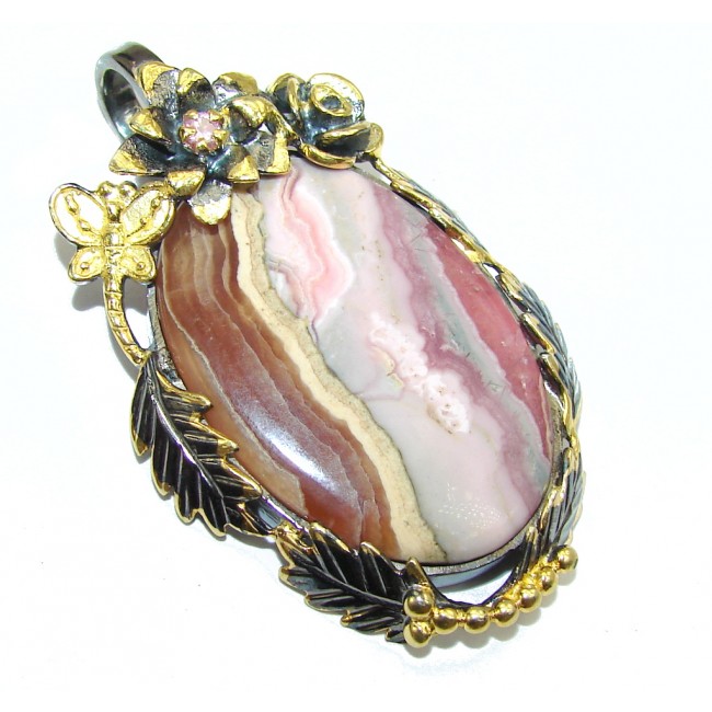 Exclusive AAA Pink Rhodochrosite, Gold Plated, Rhodium Plated Sterling Silver Pendant
