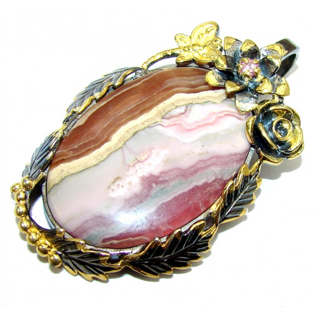 Exclusive AAA Pink Rhodochrosite, Gold Plated, Rhodium Plated Sterling Silver Pendant