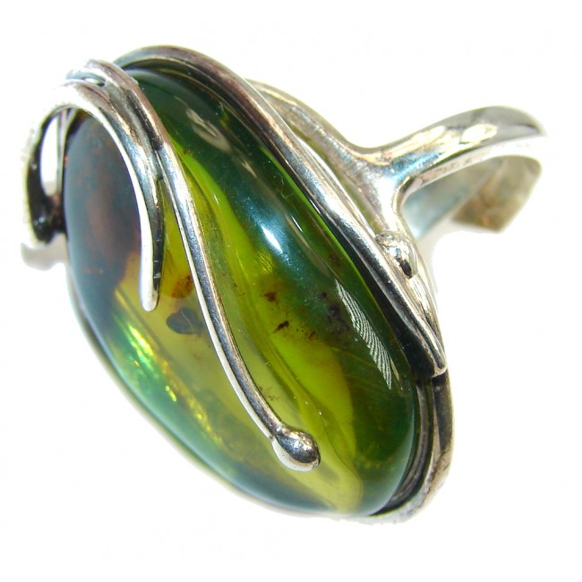 Genuine AAA Green Polish Amber Sterling Silver Ring s. 7- adjustable