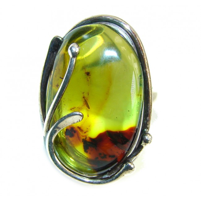 Genuine AAA Green Polish Amber Sterling Silver Ring s. 7- adjustable