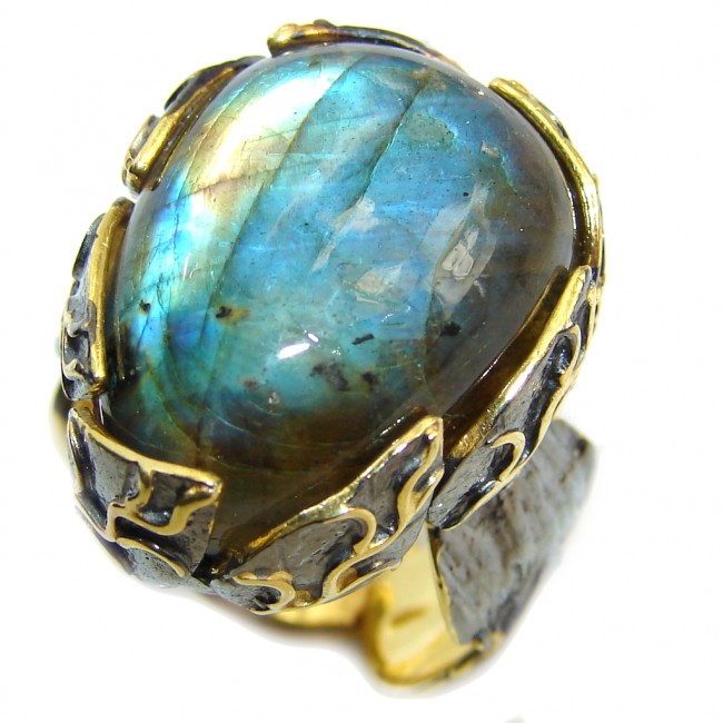 Natural AAA Fire Labradorite, Gold Plated, Rhodium Plated Sterling Silver ring s. 8 1/4