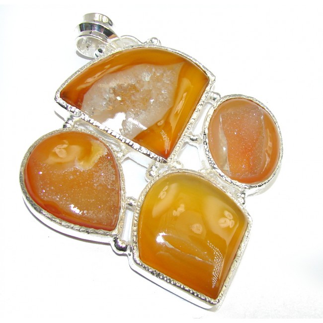 Large! Summer Yellow Agate Druzy Sterling Silver Pendant