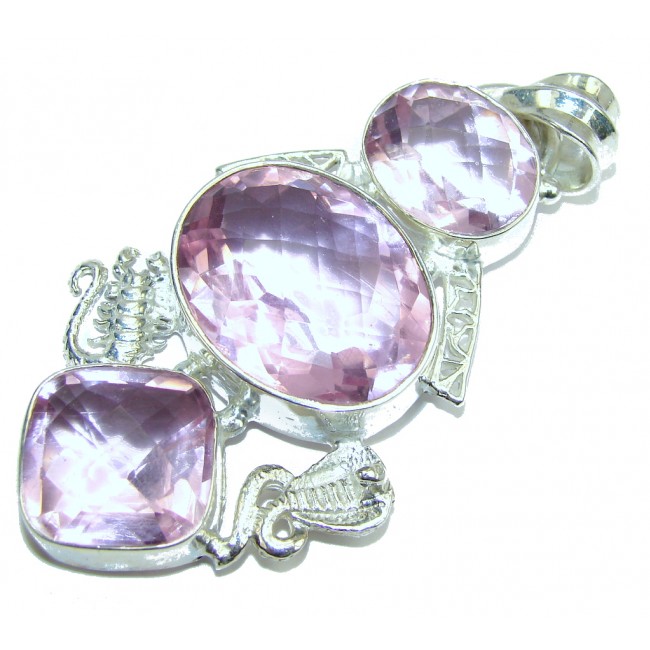 Big! Delicate Created Pink Topaz Sterling Silver Pendant