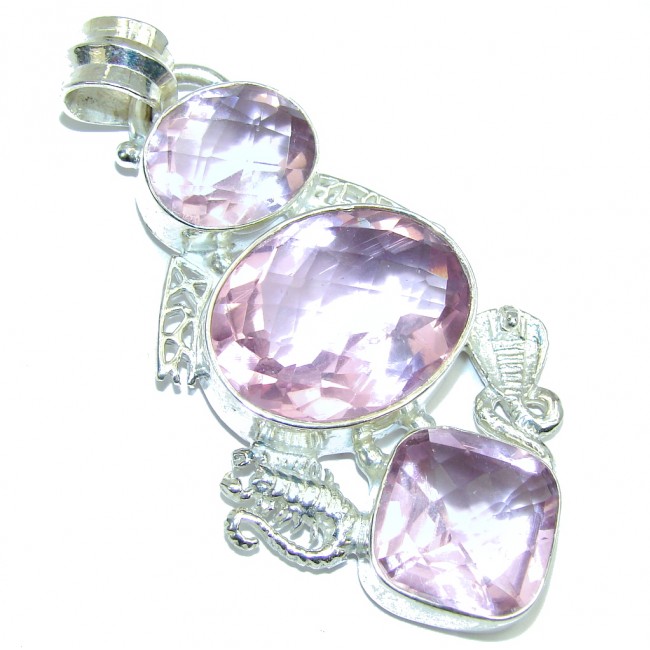 Big! Delicate Created Pink Topaz Sterling Silver Pendant