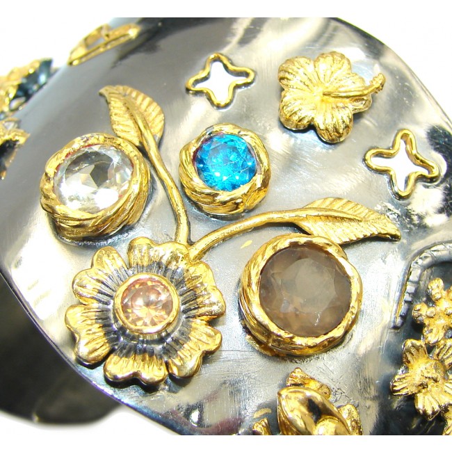 Stunning AAA Citrine & Smoky Topaz & Blue Topaz, Gold Plated, Rhodium Plated Sterling Silver Bracelet / Cuff