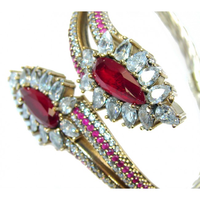 Victorian Style! Red Ruby & White Topaz Sterling Silver Bracelet / Cuff
