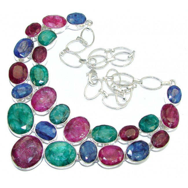 Breath Of Love! Pink Ruby & Emerald & Sapphire Sterling Silver necklace