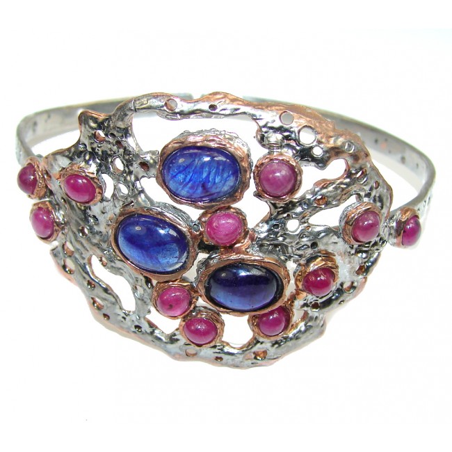 Beautiful Blue Sapphire & Pink Ruby, Two Tones Sterling Silver Bracelet / Cuff