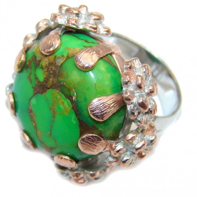 Amazing Copper Green Turquoise, Two Tones Sterling Silver Ring s. 7