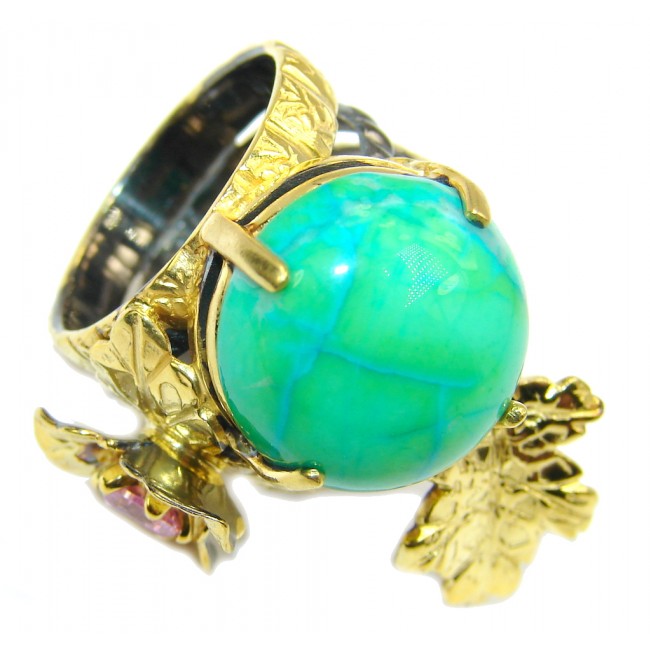 Stunning Green Turquoise, Gold Plated, Rhodium Plated Sterling Silver Ring s. 7