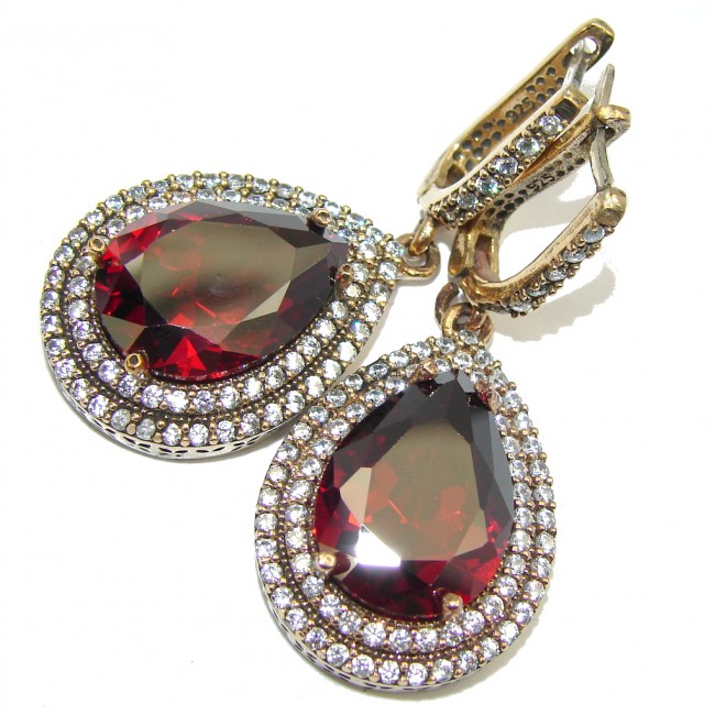 Big! Victorian Style Created Red Garnet & White Topaz Sterling Silver earrings