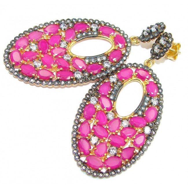 Large! Stunning Pink Ruby & White Topaz, Gold Plated Sterling Silver earrings