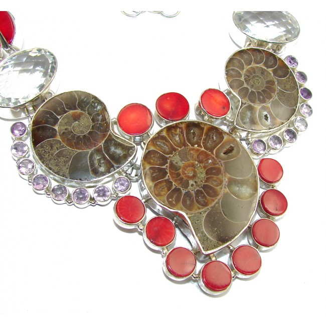 Big! Ocean Night Ammonite Fossil & Fossilized Coral Sterling Silver necklace
