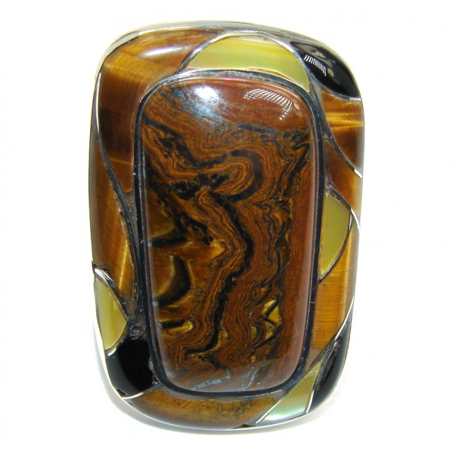 Handcrafted Chunky Golden Tigers Eye Sterling Silver ring s. 7