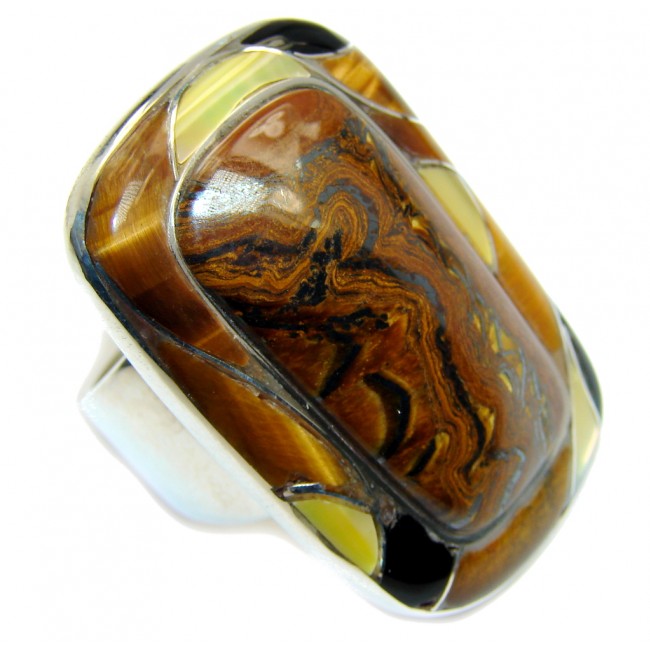 Handcrafted Chunky Golden Tigers Eye Sterling Silver ring s. 7