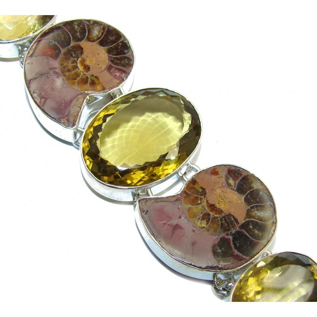 Beautiful Natural Fossilized Ammonite Citrine Fossil Sterling Silver Bracelet