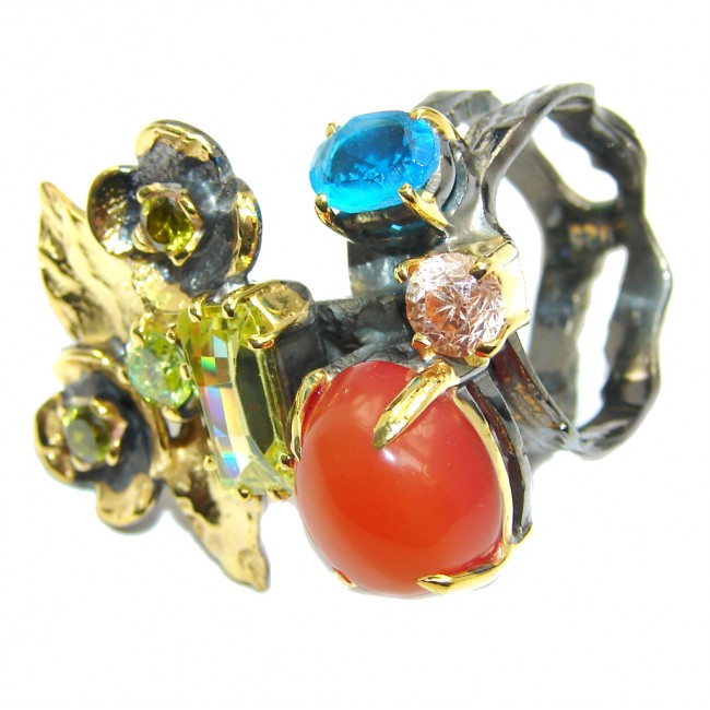Perfect AAA Orange Carnelian Gold Rhodium Plated Sterling Silver ring s. 7