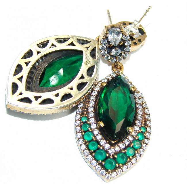 Big Victorian Style Created Emerald & White Topaz Sterling Silver earrings