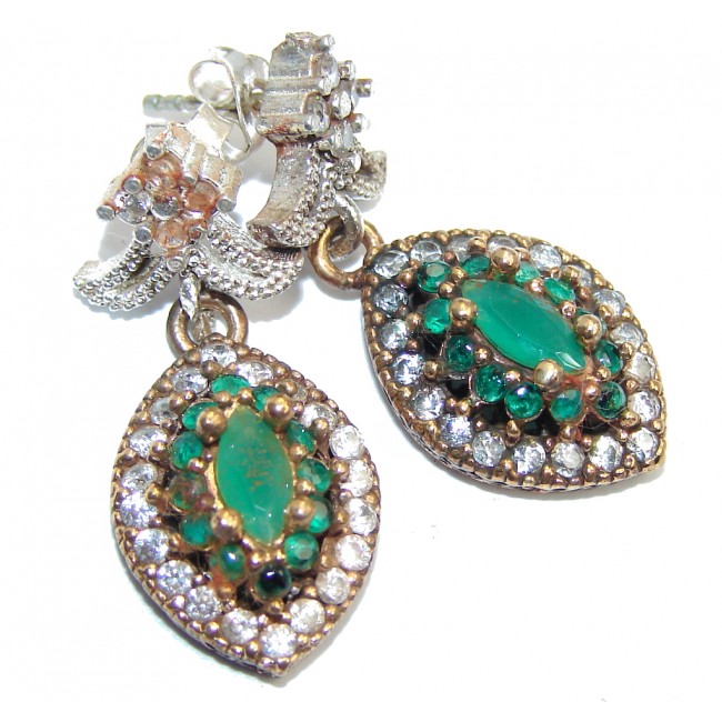 Victorian Style Created Emerald & White Topaz Sterling Silver earrings