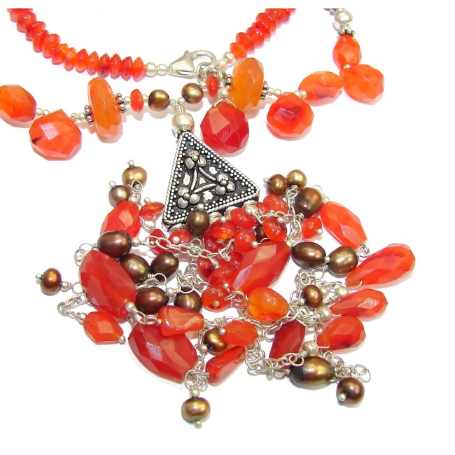 Summer Design Orange Carved Carnelian Sterling Silver Necklace