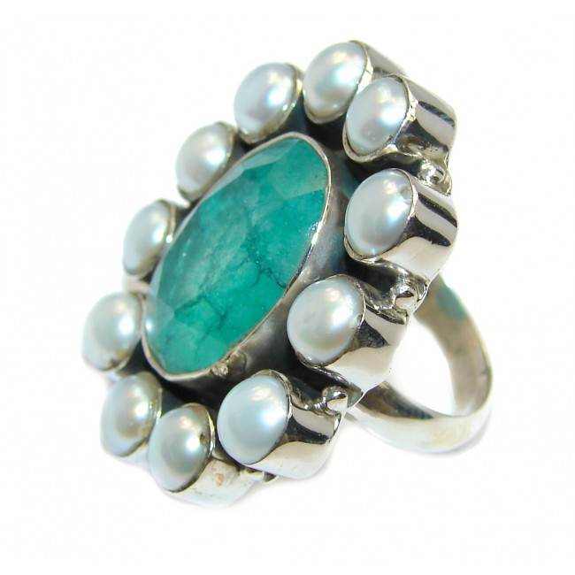 Green Emerald Pearl Sterling Silver Ring s. 7 1/4