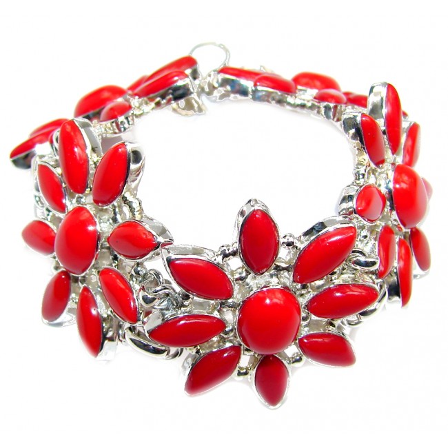 Handcrafted Red created Fossilized Coral Sterling Silver Bracelet