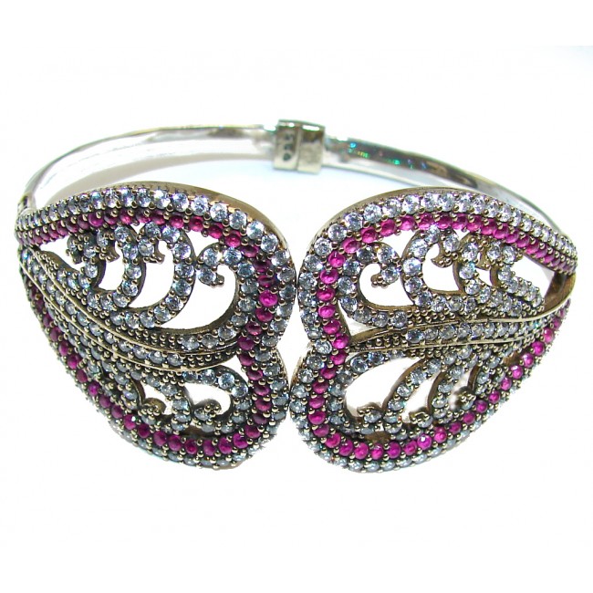 Victorian Style created Ruby & White Topaz Sterling Silver Bracelet Cuff