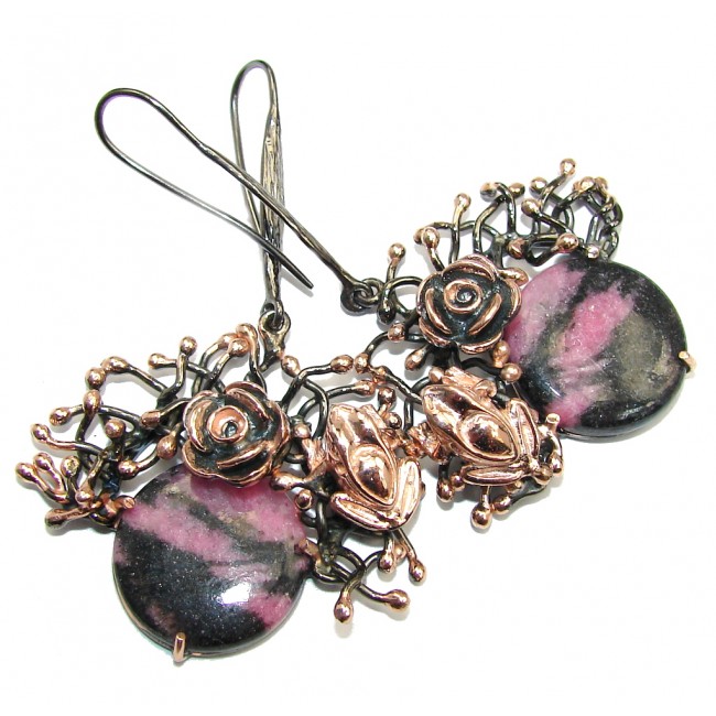 Lucky Frogs Pink Rhodonite Gold Rhodium Plated over Sterling Silver earrings / Long