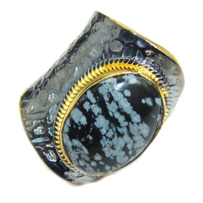 Black Snowflake Obsidian Gold Rhodium plated over Sterling Silver ring s. 7 adjustable