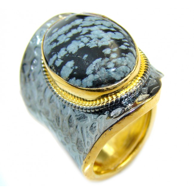 Black Snowflake Obsidian Gold Rhodium plated over Sterling Silver ring s. 7 adjustable