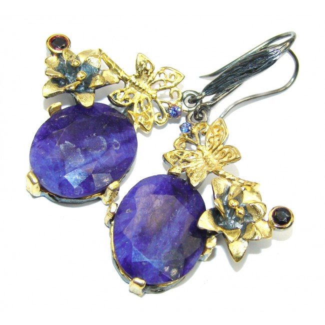 Blooming Garden Blue Sapphire Gold Black Rhodium over Sterling Silver earrings