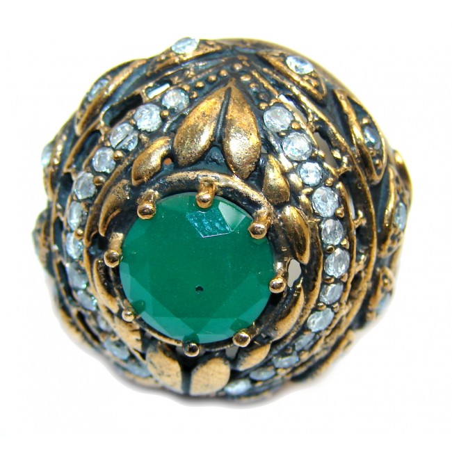 Victorian Style created Emerald & White Topaz Sterling Silver ring; s. 7