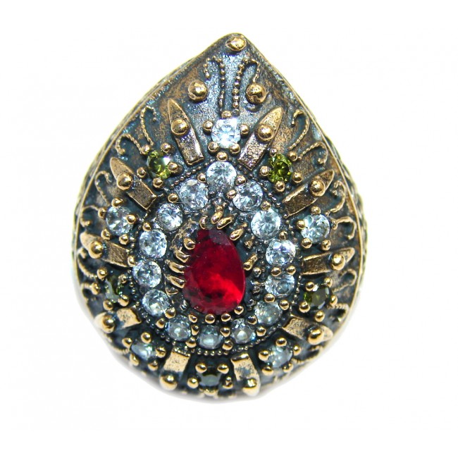 Victorian Style created Ruby & White Topaz Sterling Silver ring; s. 7 1/4