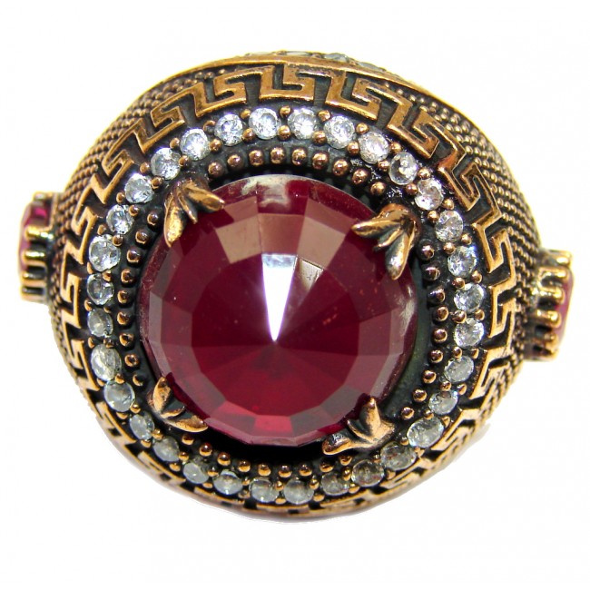 Victorian Style created Ruby & White Topaz Sterling Silver ring; s. 7 1/2