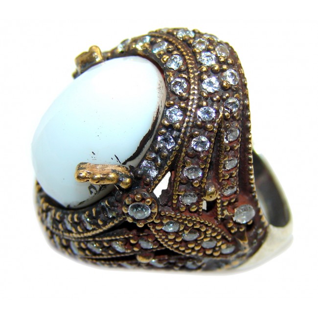 Huge Victorian Style created white Agate & White Topaz Sterling Silver ring; s. 7