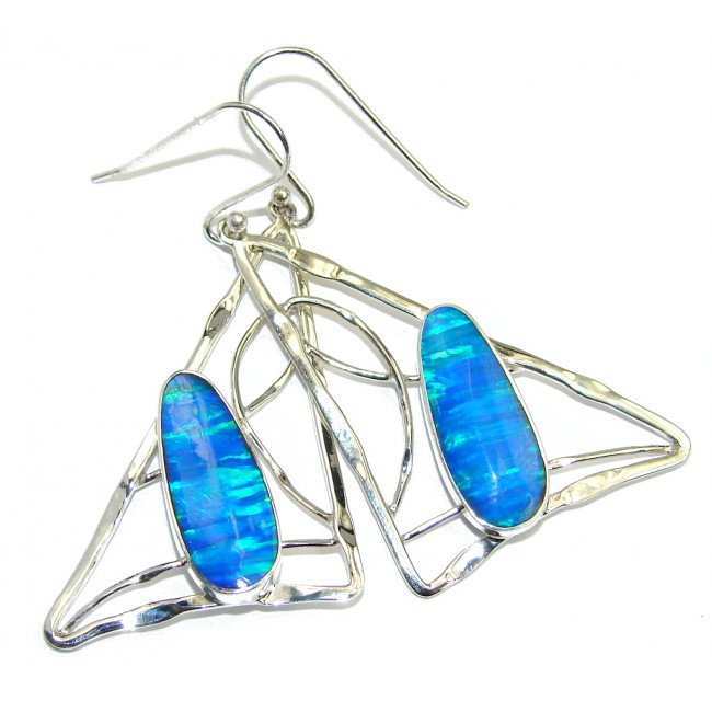 Blue Paradise Japanese Fire Opal Hammered Sterling Silver earrings