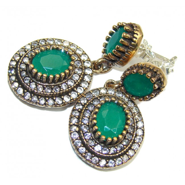 Victorian Style created Emerald & White Topaz Sterling Silver earrings