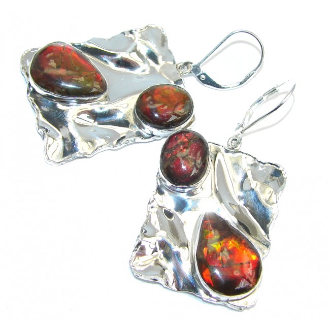 Red Aura AAA+ Fire Ammolite hammered Sterling Silver earrings
