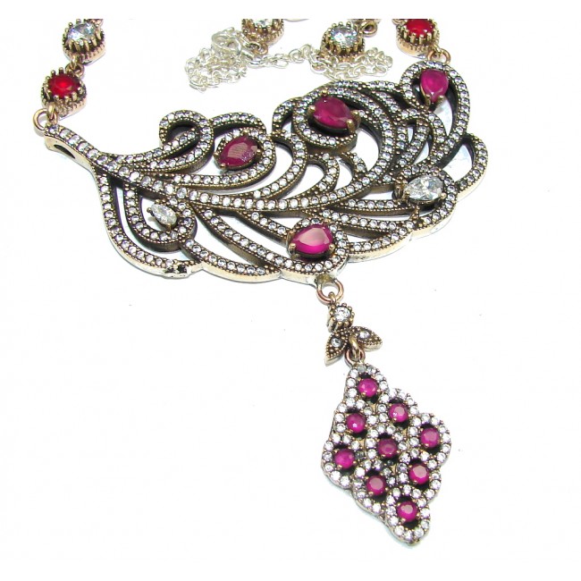 Victorian Style created Ruby & White Topaz Sterling Silver necklace
