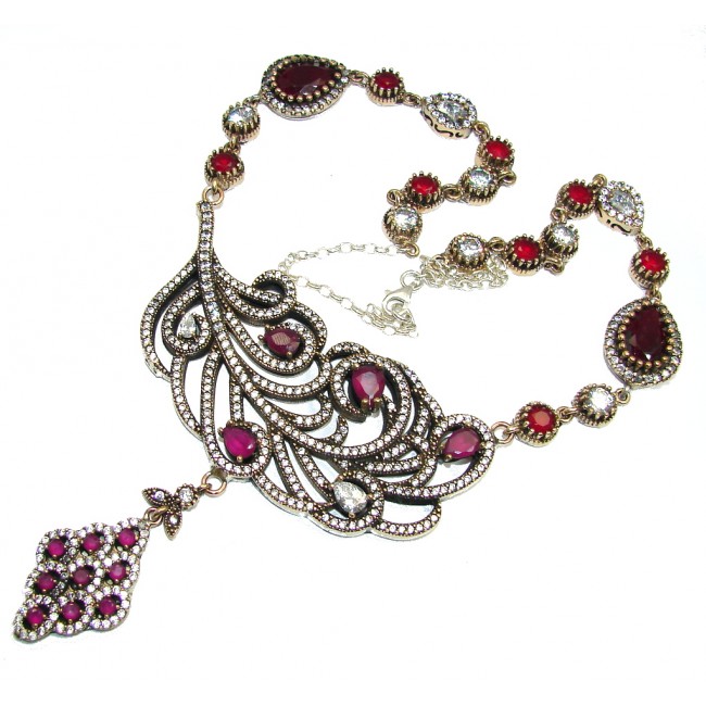 Victorian Style created Ruby & White Topaz Sterling Silver necklace