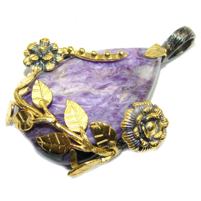 Floral Design Genuine AAA Purple Siberian Charoite Gold over Sterling Silver Pendant