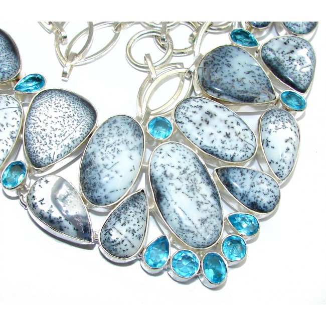 Oversized! Amazing Beauty Dendritic Agate & Blue Topaz Sterling Silver necklace