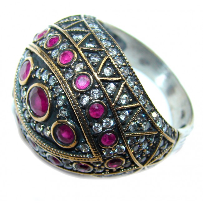 Victorian Style created Ruby & White Topaz Sterling Silver ring; s. 8 3/4