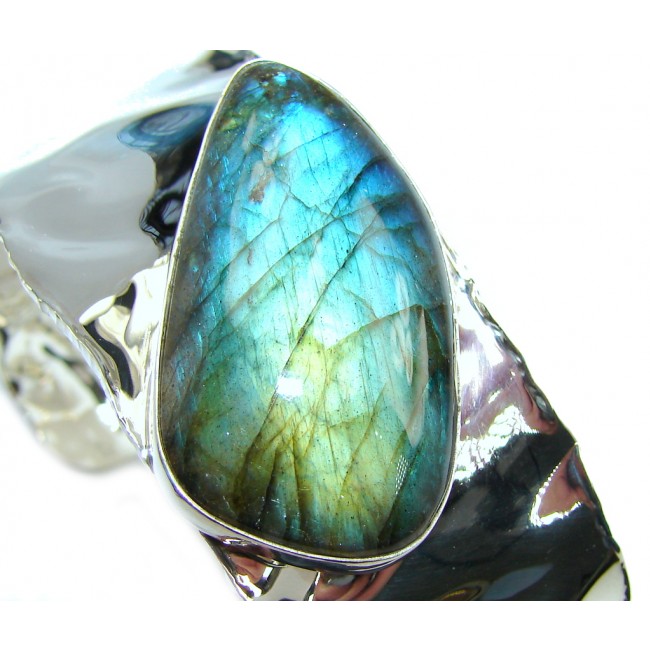 Large Natural AAA Labradorite Hammered Sterling Silver Bracelet / Cuff