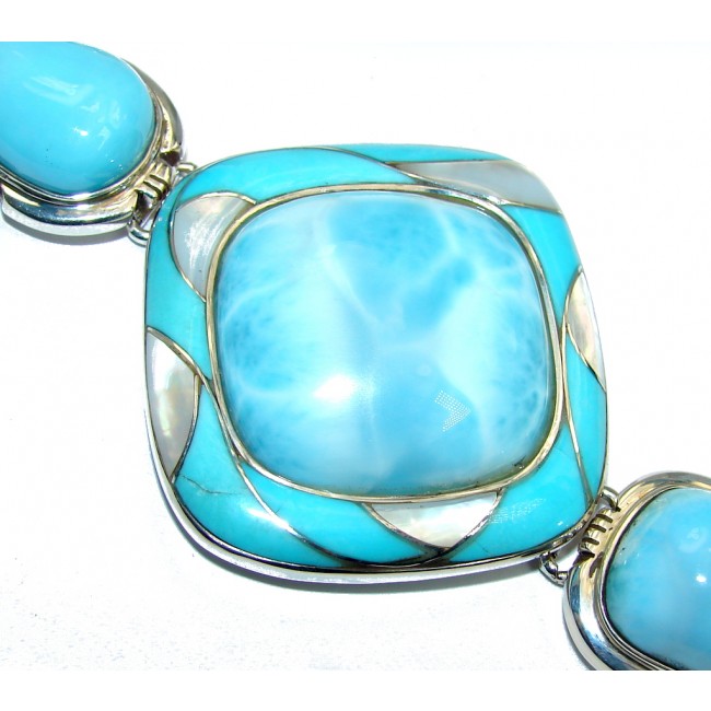 Genuine AAA Blue Larimar & Inlay Blister Pearl Turquoise Sterling Silver Bracelet